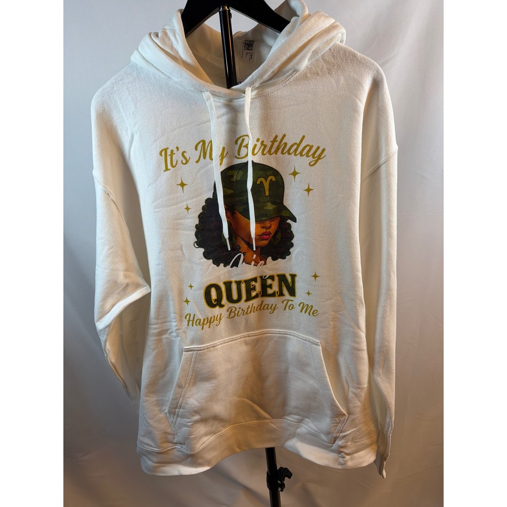 Port & Company Aries Birthday Queen Hoodie White Graphic Sweatshirt XL